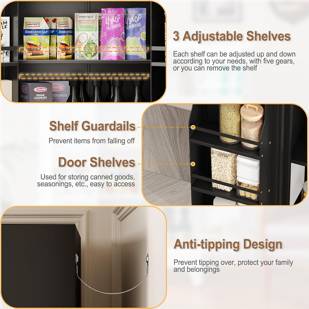 51" Metal Kitchen Pantry Cabinet, Storage Cabinets with 2 Door and 3 Adjustable Shelves, Black Freestanding Food Storage Cabinet, Steel Cupboard for Kitchen Dinning Room