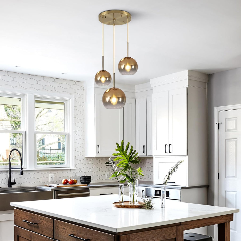 KCO Lighting Gold Cluster Pendant 3-Light Large Glass Pendant Lights Kitchen Island Bubble Globe Chandelier Mid Century Modern Hanging Light
