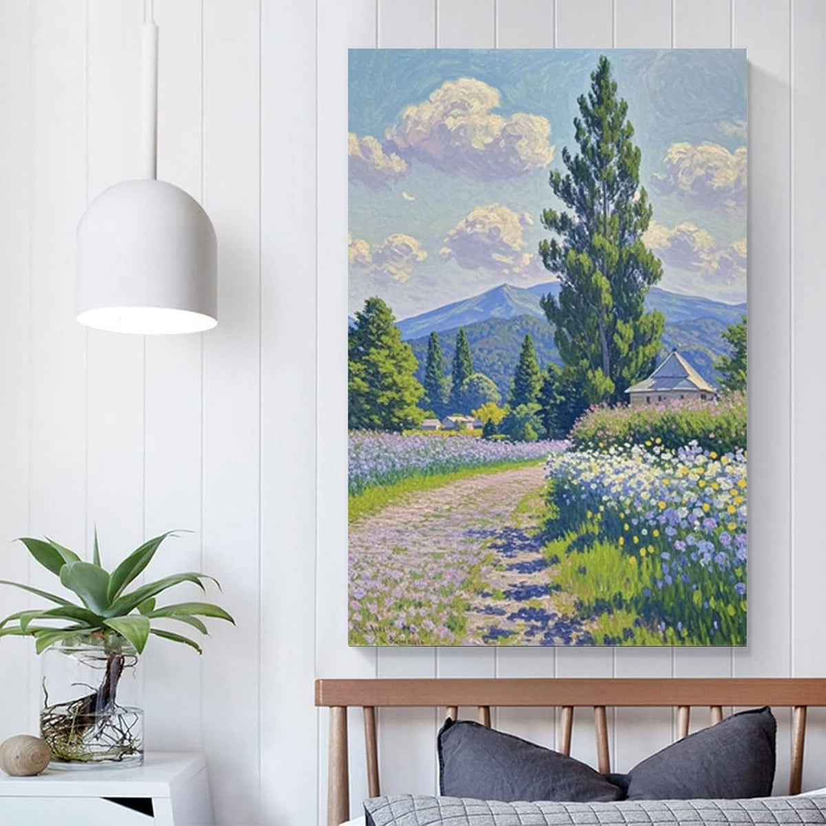 Countryside wildflowers landscape canvas poster natural plant flower artwork retro pastoral flower path suitable for farmhouse decoration