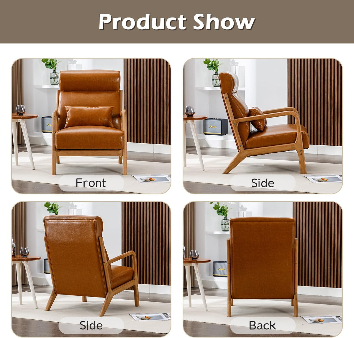 INZOY Mid Century Modern Accent Chair with High Back, PU Leather Reading Armchair with Waist Cushion, Upholstered Wood Frame Living Room Chairs for Bedroom Sunroom, Camel