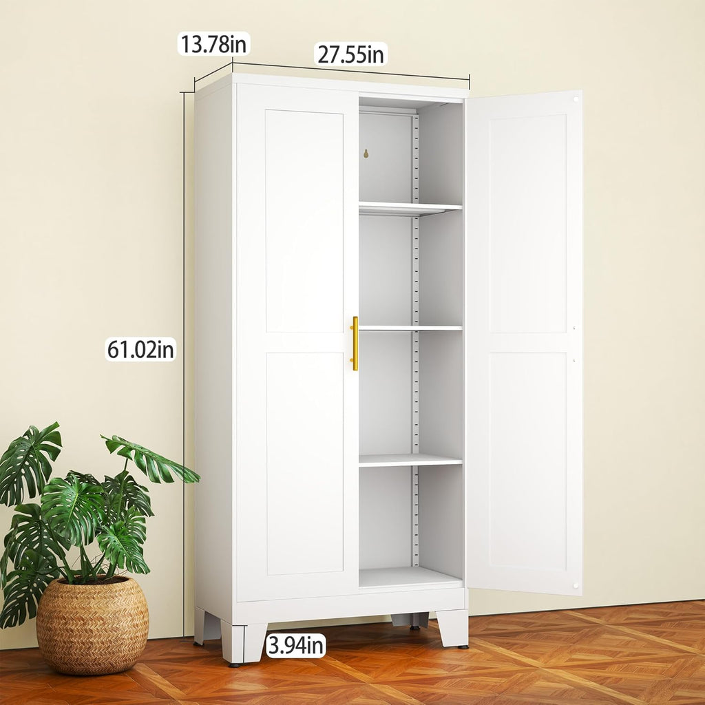 White Metal Storage Cabinet, 61" Steel Cabinets for Home Office, Kitchen Pantry Storage Cabinet with Doors and 3 Adjustable Shelves, Tool Cabinet, for Office, Home, Garage, School