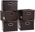 PRANDOM Foldable Storage Bins with Lids [5-Pack] Leather Fabric Collapsible Storage Boxes Organizer Containers Baskets Cube with Cover for Bedroom Closet Office Nursery Brown (14.9x10.8x10)