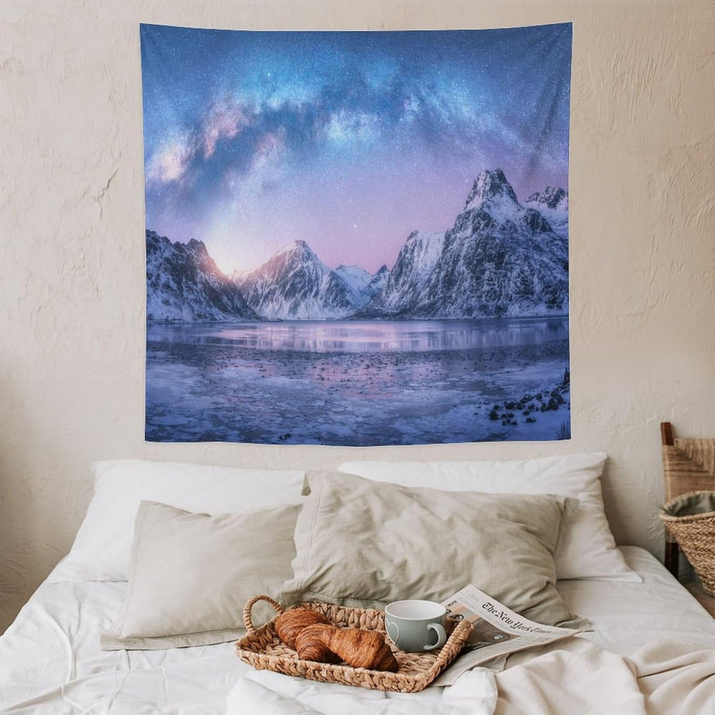 HZOHNAGO Mountain Tapestry Aurora Snow Mountain Sunset Pattern Printed Wall Tapestry Wall Hanging for Bedroom Living Room Dorm 60" W x 60" H