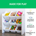Humble Crew 9-Bin Toy Organizer – Hampton Sandwashed with White Plastic Bins, 3-Tier Storage Solution for Kids' Playrooms and Nurseries