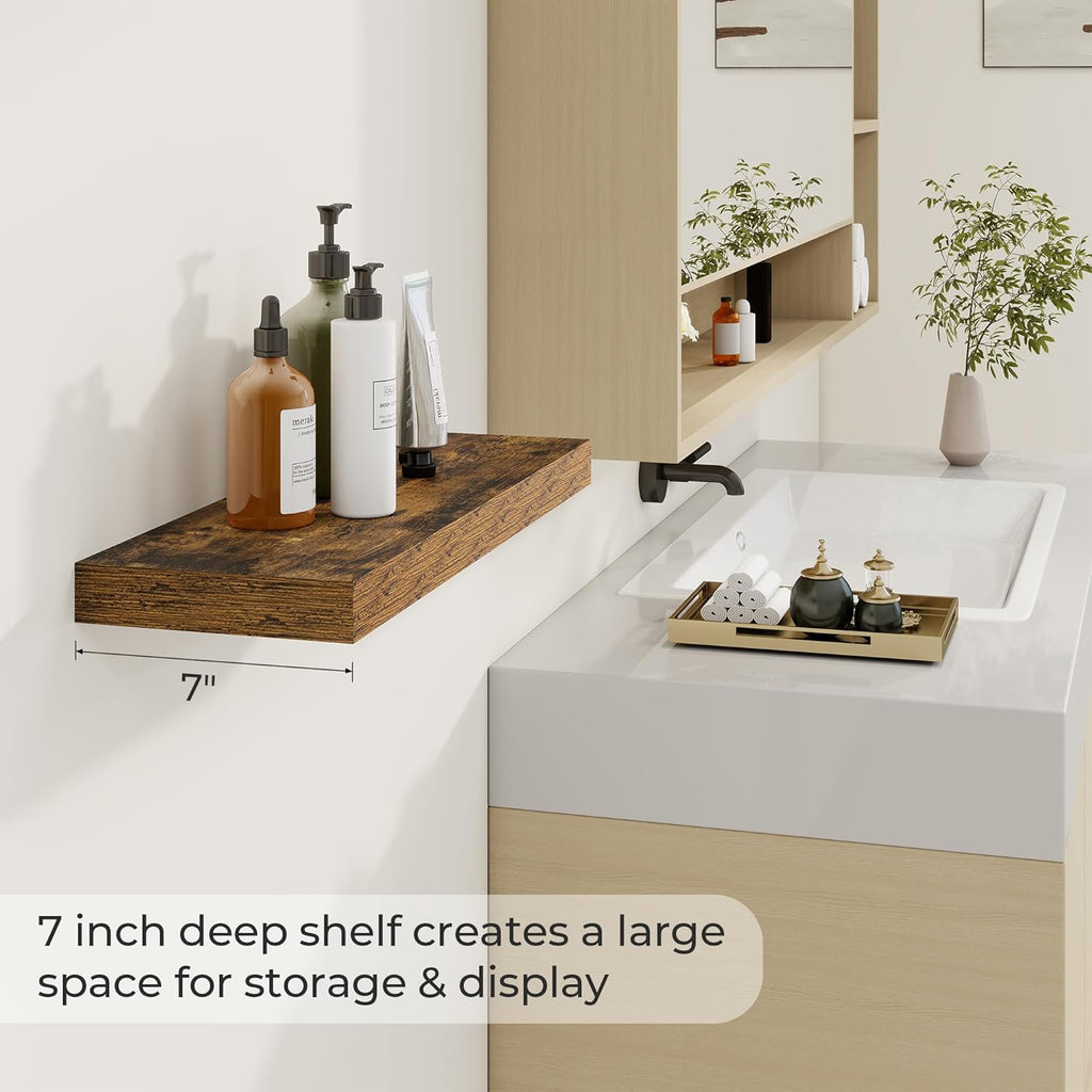 24 inch Floating Shelves Long Floating Shelves for Wall Large Wall Mounted Shelves with Invisible Brackets, Brown Shelves for Bathroom, Living Room, Kitchen, Office, 24x6.7 inch deep Set of 2