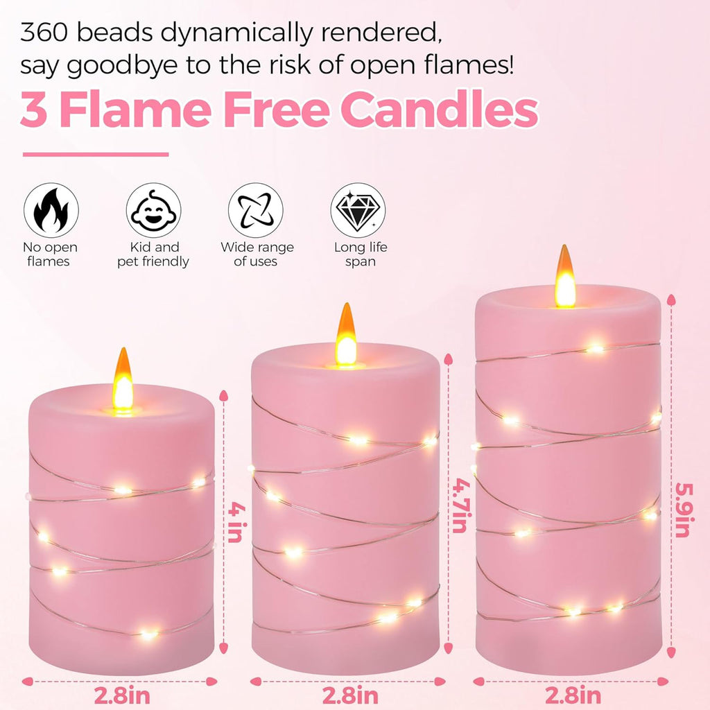 Rose Pink Flameless Candles with String Lights Battery Operated Flickering LED Pillar Candles 4‘’ 5‘’ 6‘’ Candle with Remote Control, Set of 3