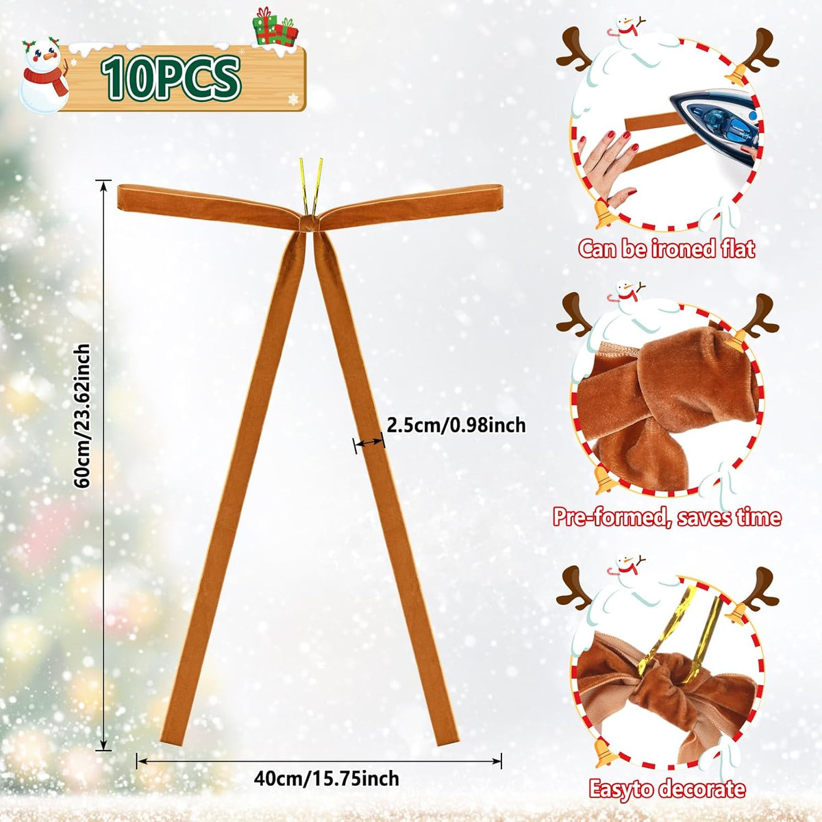 Draupnir 10 Pcs Velvet Christmas Bow 23.62x15.75 inch Velvet Bows for Christmas Tree Topper Staircase Wreath Large Bow for Christmas Indoor Outdoor Decoration(Dark Coffee)