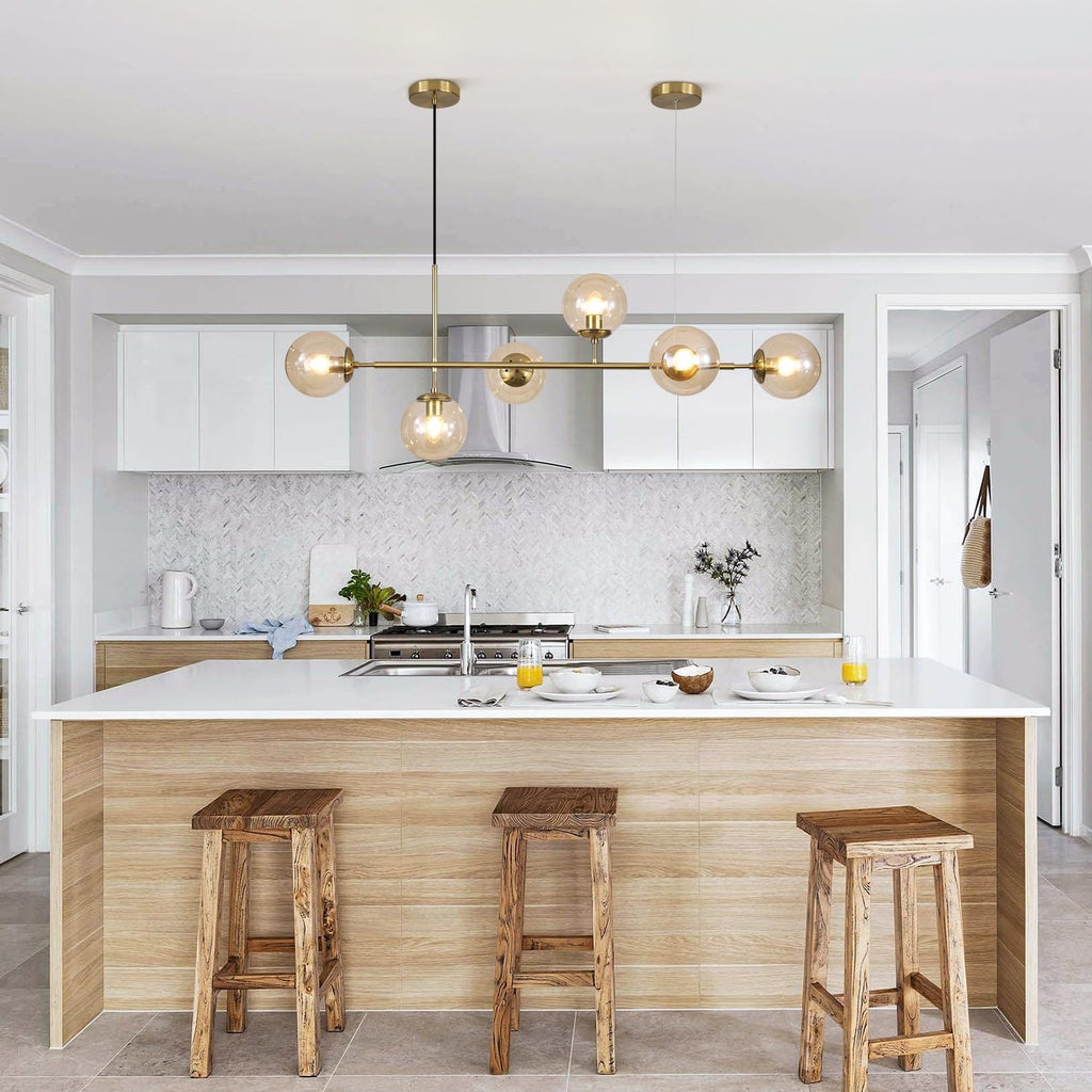 KCO Lighting Globe Linear Chandelier 6 Light Amber Glass Pendant Light Fixture Gold Kitchen Island Lighting Long Brass Sputnik Chandelier Dining Room Light Fixtures Over Table