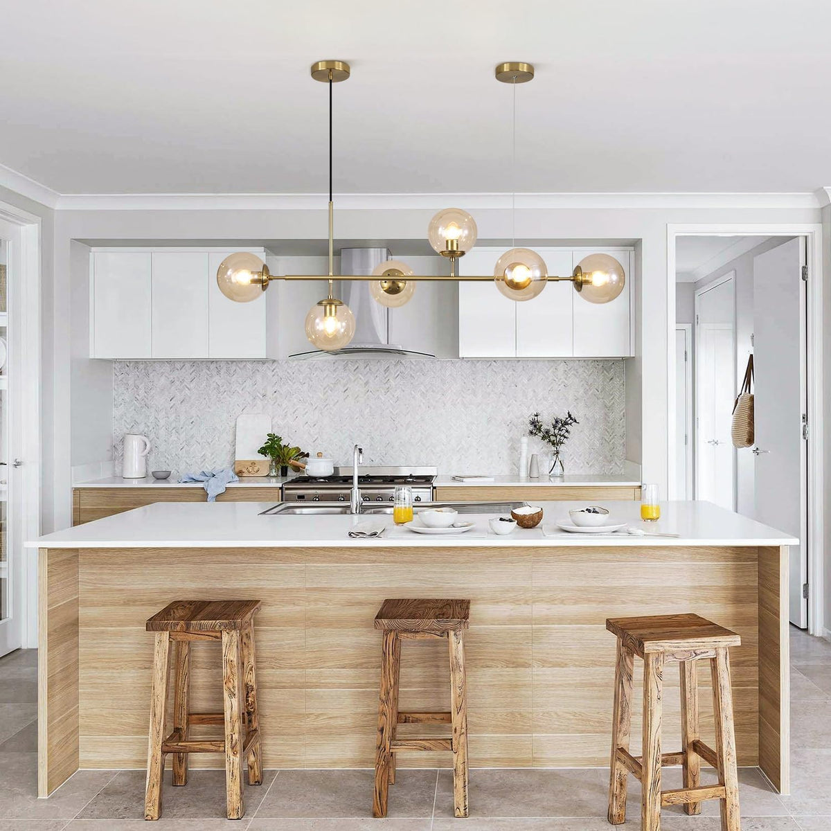 KCO Lighting Globe Linear Chandelier 6 Light Amber Glass Pendant Light Fixture Gold Kitchen Island Lighting Long Brass Sputnik Chandelier Dining Room Light Fixtures Over Table