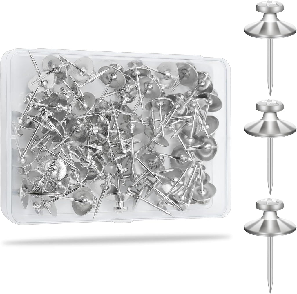 KURUI 60Pcs Double Headed Nails for Hanging Pictures, Wall Hangers Without Nails, Thumb Tacks for Wall, Renter Friendly Decor Push Pins for Tapestry Frame Art, Picture Hangers-Silver