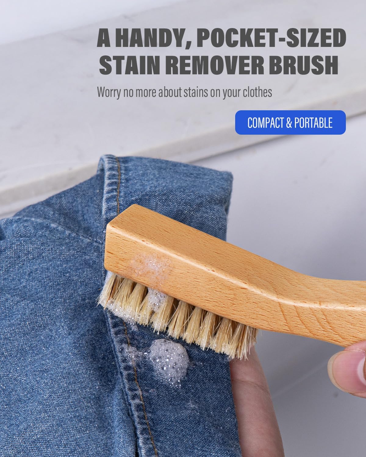 VASSON Natural Soft Boar Bristle Laundry Stain Brush, Laundry Scrub Brush,Laundry Brush for Stains on Clothes, Gentle Stain Remover for Knits, Cotton, and Linens