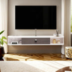Pmnianhua Floating TV Console,63'' Wall-Mounted Media Console TV Cabinet Floating TV Stand Entertainment Shelf with Door and Storage (Grey White)