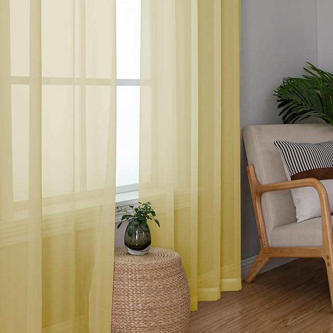 Simplebrand Yellow Sheer Curtains 63 Inch Length 2 Panels, Rod Pocket Solid - Image 4