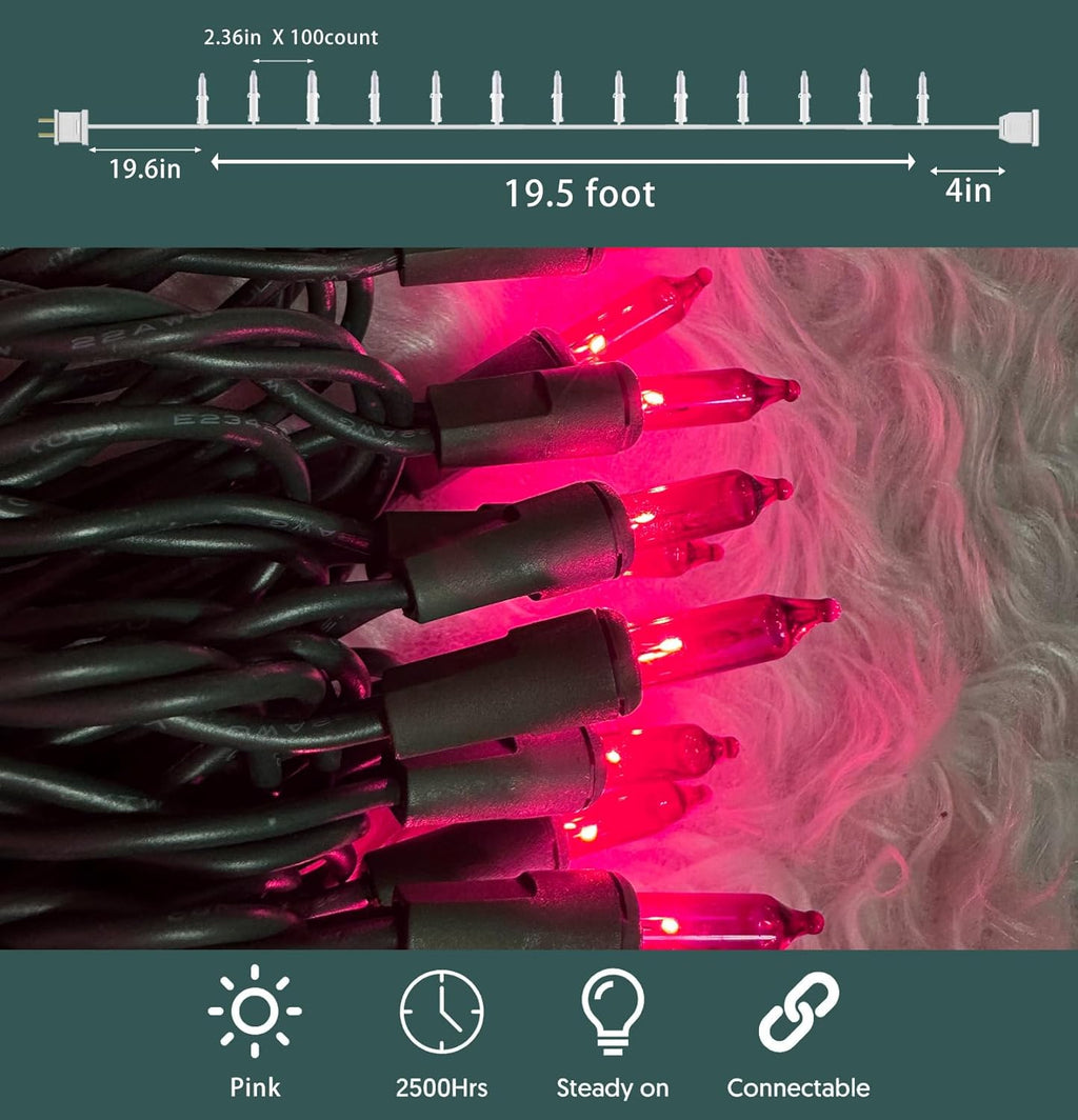 HISHINY Christmas Lights 100 Count Pink Christmas Tree String Lights with Green Wire for Outdoor Indoor Christmas Decorations Wedding Decorations Valentines Day Decor,UL Certified (21feet)