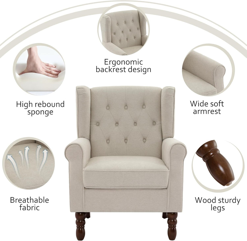 Lumibee High Back Accent Chair,Upholstered Wingback Armchair with Solid Wood Legs for Small Spaces,Comfy Single Sofa Chair for Living Room,Bedroom,Office-Beige