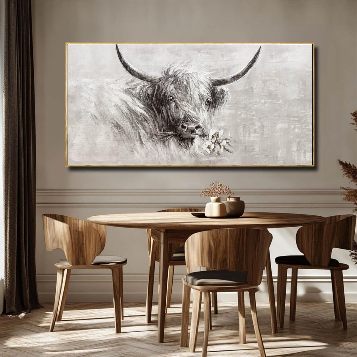Farmhouse Wall Decor Framed Cow Artwork Grey Vintage Wall Art Canvas Flower Print Rustic Animal Pictures Style for Bedroom Dining Room 24x48 Inch