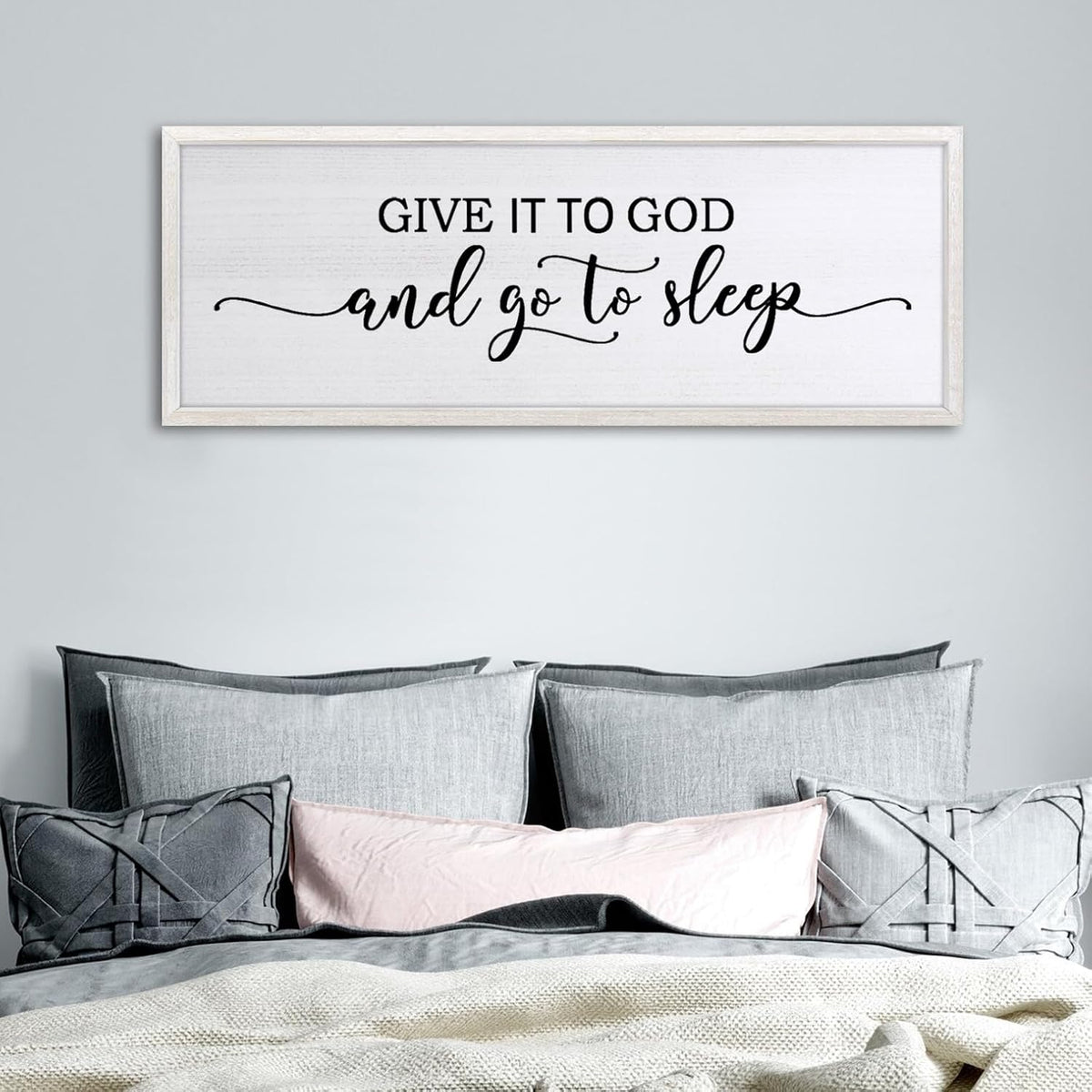 FZZHYQCHY Give It To God And Go To Sleep Above Bed Wall Decor Art 24"X10" Master Bedroom Over Bed Wall Wood Framed Sign (White)