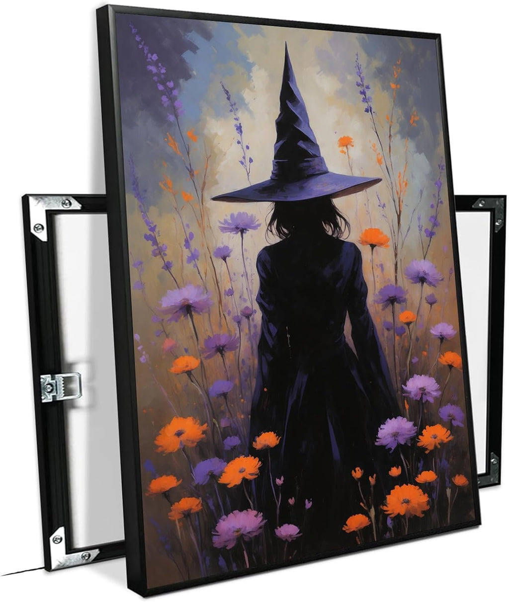 JFHCQJPK Country wildflower witch canvas print halloween mashup art witch purple decoration bohemian elegant art poster24x36in Metal blackFramed