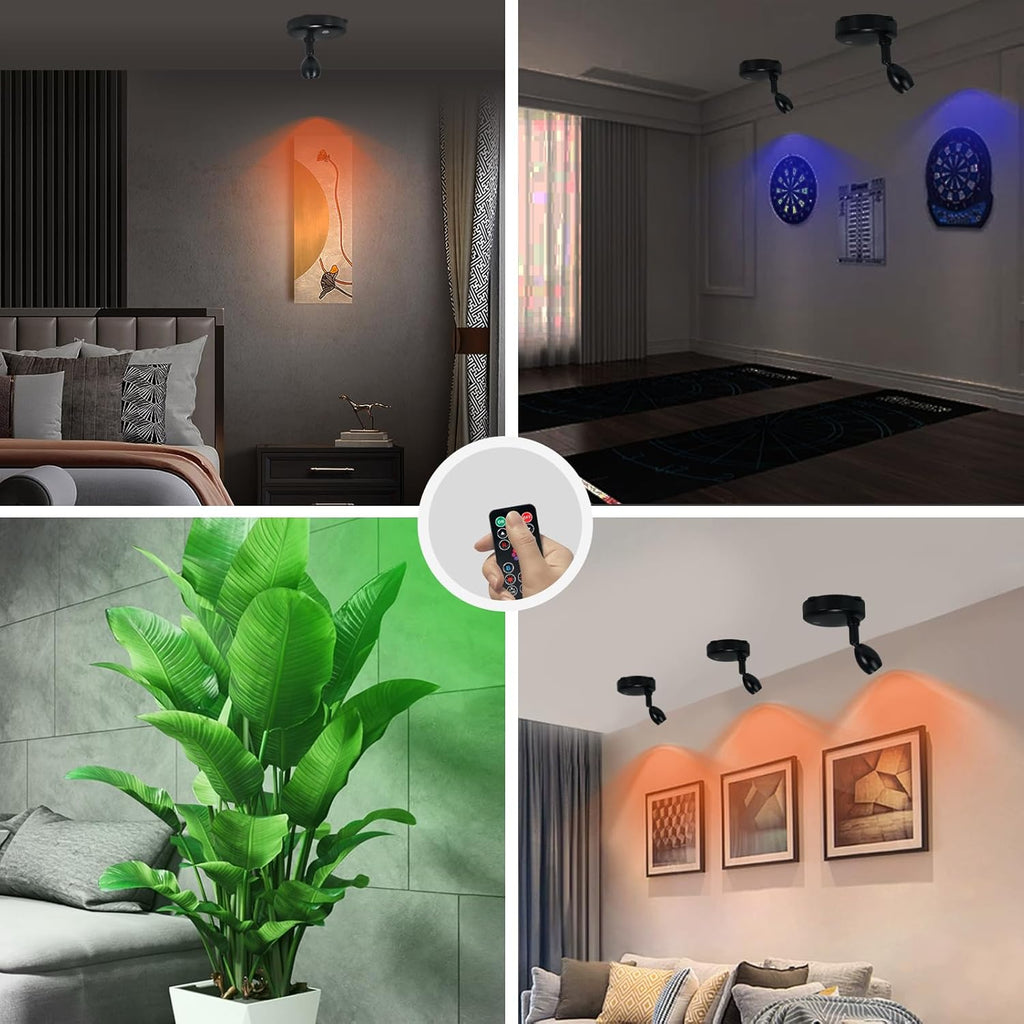 Cordless Spotlight Battery Operated, RGB Uplights with Remote and Timer, LED Indoor Plant Light, Dimmable Tree Accent Lighting, Color Changing Wall Lights for Art Painting Picture Dartboard