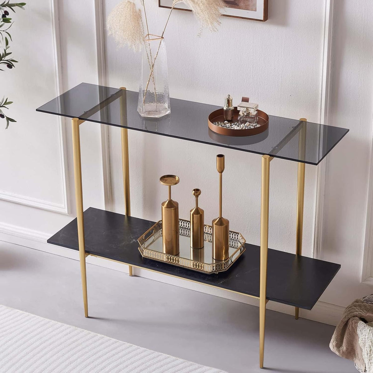 Glass Console Table for Living Room, Foyer & Entrance, 2-Tiers Mid-Century Modern Sofa Table with Grey Glass Top, Black Marble Finish Wood Shelf and Gold Finish Frame