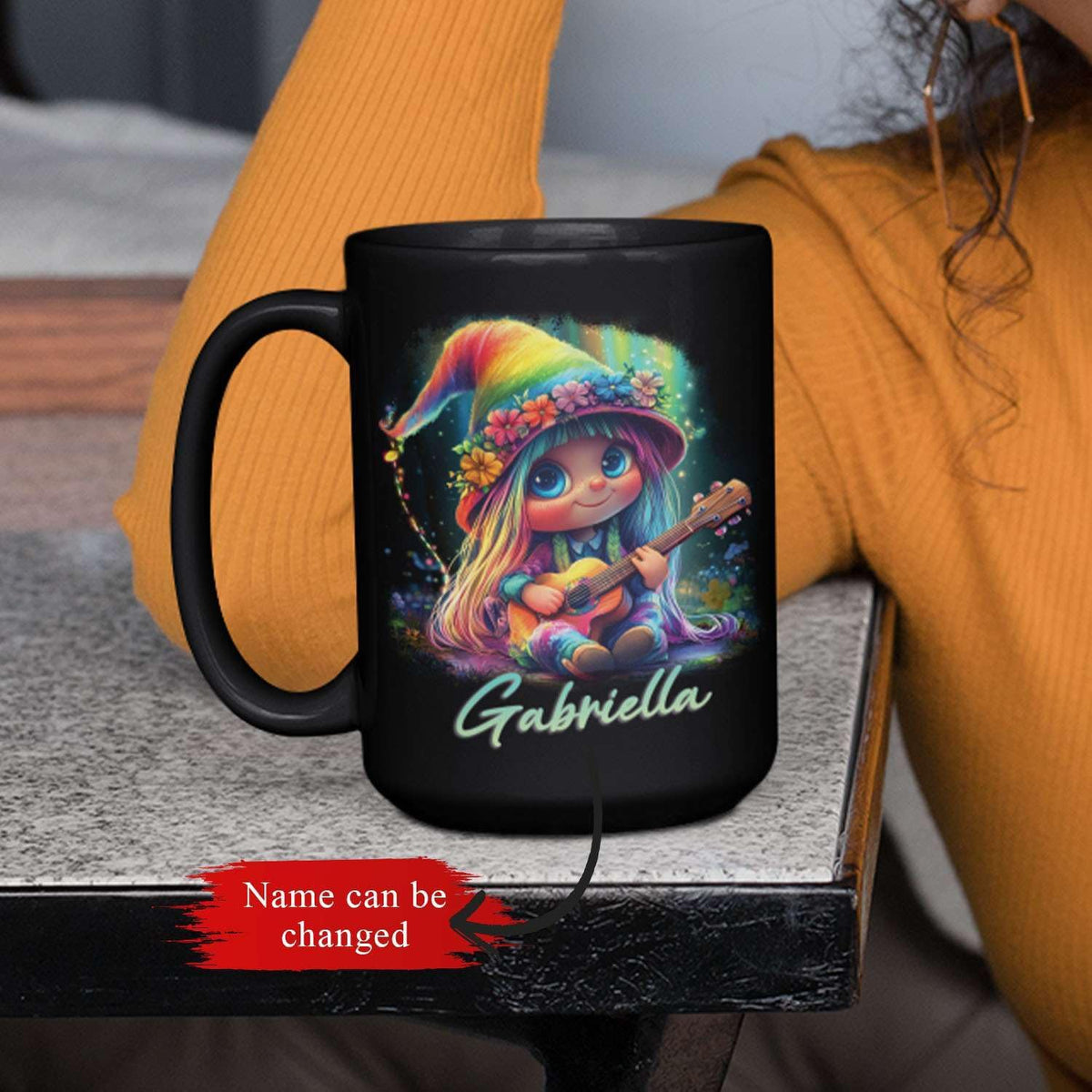 Customized Adorable Gnome With Guitar Mug 11oz 15oz, Personalized Name Coffee Cup, Gnome And Northern Lights Mug, Custom Whimsical Music Ceramic Cup, Gnome Black Mug Gift For Kids