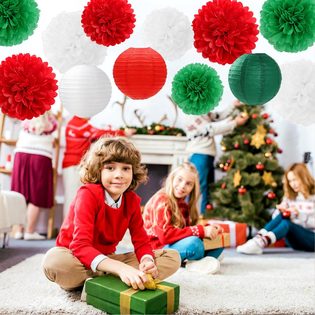 Red-Green White Party-Decorations Christmas Flowers Lanterns - 15PCS Italian Mexican Independence Day Paper Tissue Pom Poms Streamers,Mexico Italy Birthday Baby Shower Wedding Hanging Decor Hugfond