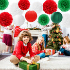 Red-Green White Party-Decorations Christmas Flowers Lanterns - 15PCS Italian Mexican Independence Day Paper Tissue Pom Poms Streamers,Mexico Italy Birthday Baby Shower Wedding Hanging Decor Hugfond