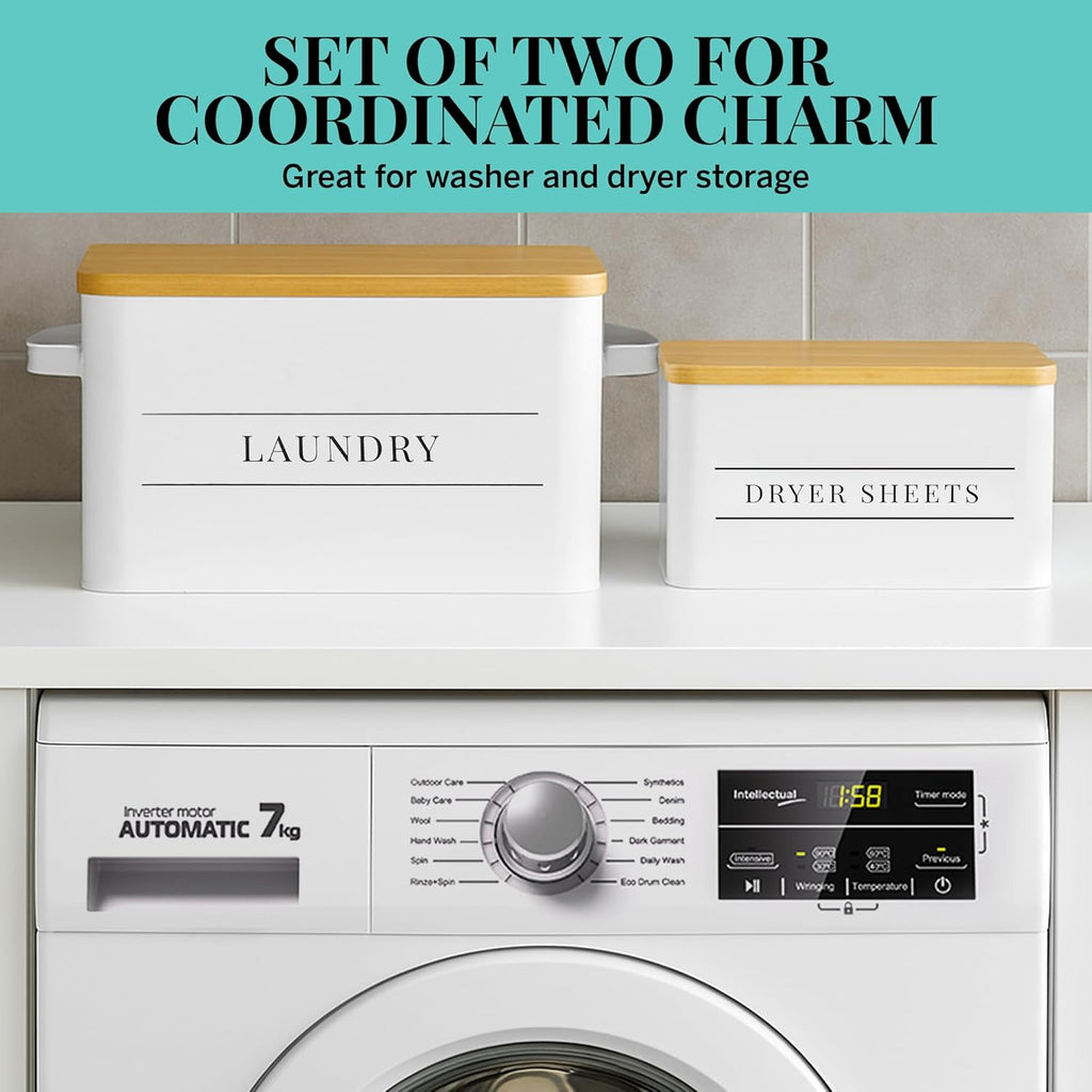 Metal Dryer Sheet Holder with Lid – Set of 2 Storage Bins for Laundry Room Organization & Home Decor – Classic White Metal Organizers and Containers with Lids - Sheet Organizers and Storage