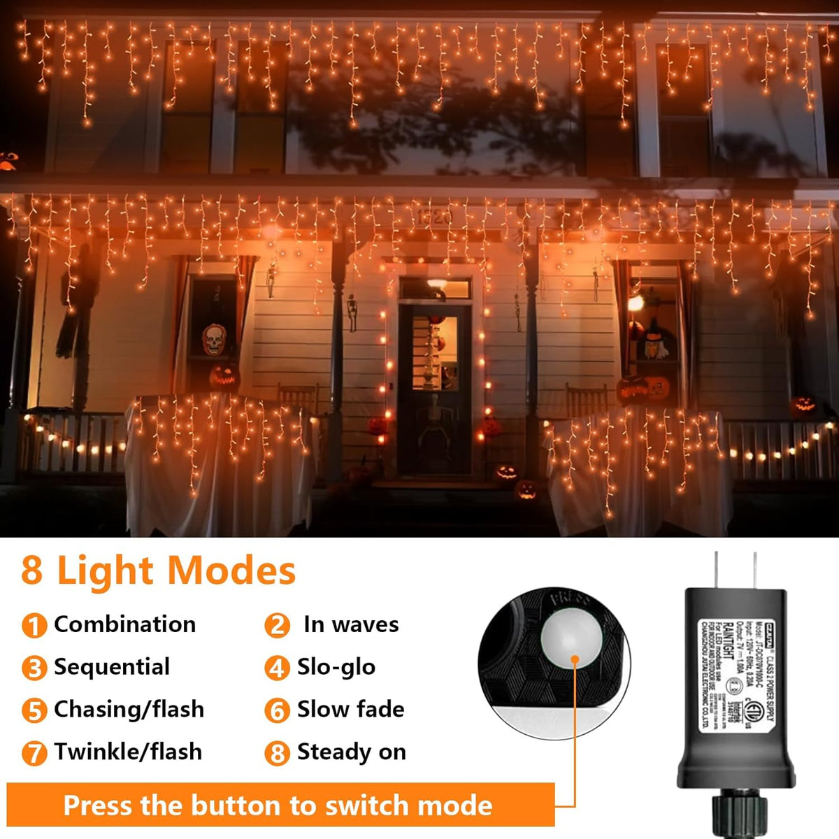 QITONG Orange Lights for Halloween, 33ft 400 LED Icicle Light for Outside with 8 Modes, Clear Wire Connectable Christmas Lights Indoor Plug in