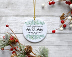 Andaz Press Personalized Our First Christmas As Mr. & Mrs. 2024 Christmas Ornaments Greenery Eucalyptus 2.8" Round Porcelain Ceramic 1st Year Married Custom Ornament Keepsake for Newlyweds 1-Pack