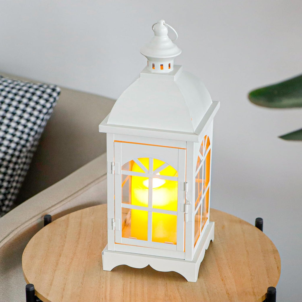 TRIROCKS Decorative Vintage Candle Lanterns 14.5" H Farmhouse Outdoor Hanging Lanterns with Tempered Glass for Porch, Balcony, Patio, Home, Centerpieces, Indoor, Outdoor(White)