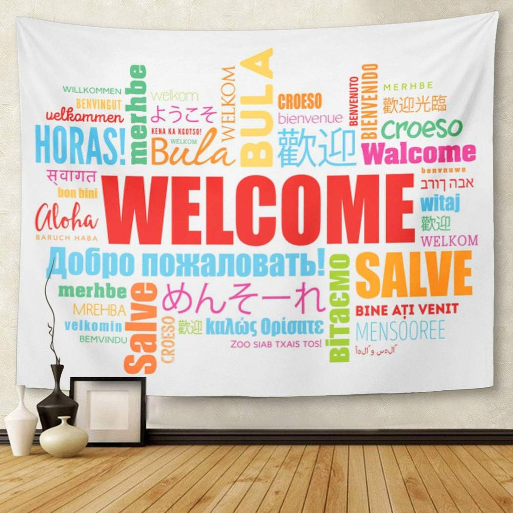 TOMPOP Tapestry World Welcome Word Cloud in Different Languages Conceptual Multilingual Home Decor Wall Hanging for Living Room Bedroom Dorm 50x60 Inches