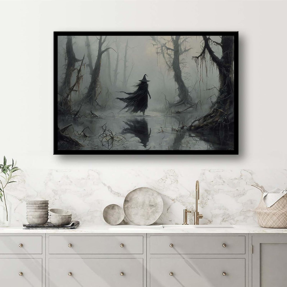 JFHCQJPK Vintage rustic swamp witch poster dark moody wall art gothic horror season halloween print for home decor retro dark moody painting8x12in Metal blackFramed