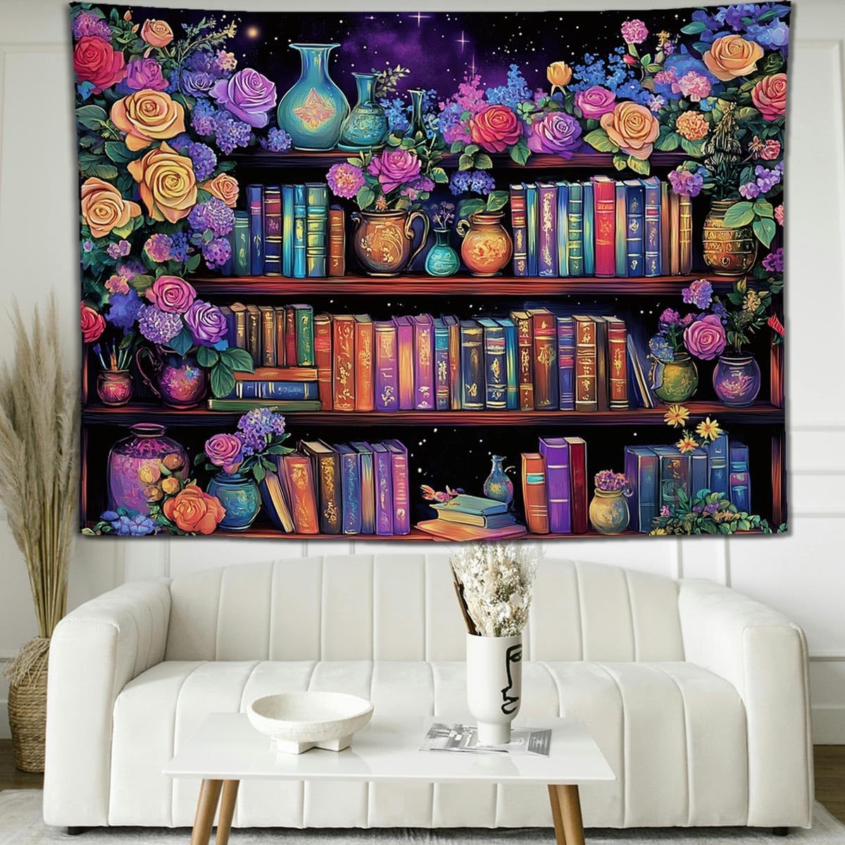 keowhsf Pink Purple Flower Bookshelf Wall Tapestry Colorful Tapestries for Bedroom Aesthetic Floral Tapestry Wall Hanging Cute Girl Bedroom Decor