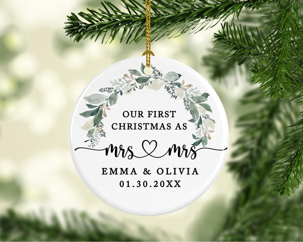 Andaz Press Personalized Our First Christmas As Mrs. & Mrs. Christmas Ornaments 2025 Foliage Wreath 2.8" Round Porcelain Ceramic Lesbian Christmas Ornament Married Couple Gay Women Newlyweds 1-Pack