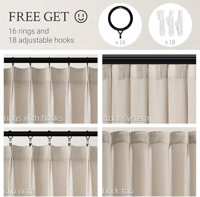 Topfinel Oatmeal Pinch Pleated Linen Curtains 105 Inch Length 2 Panels - Image 2
