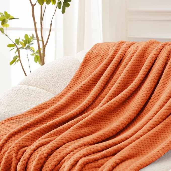 Exclusivo Mezcla Soft Waffle Fleece Bed Blanket Queen Size, Burnt Orange | - Image 5