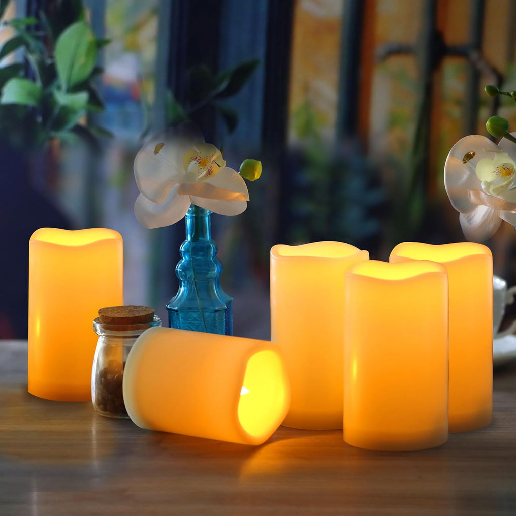 CANDLE CHOICE Waterproof Outdoor Battery Operated Flameless Candles with Remote Timer Plastic Realistic Flickering Fake Electric LED Pillars Lantern Garden Wedding Christmas Decorations 3”x5” 6 Pack