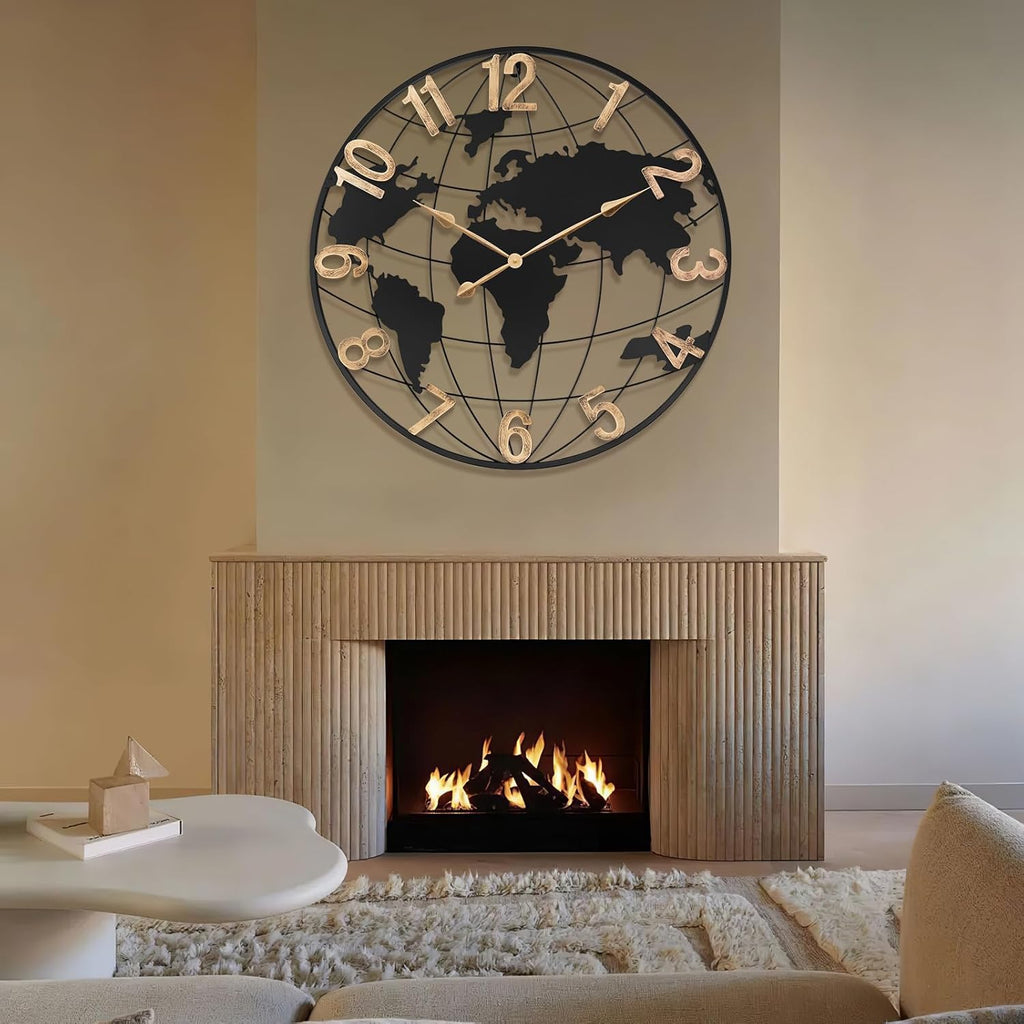 36 Inch Extra Giant Oversized Black Metal Wall Clock,Large Modern Decorative Silent World Map Wall Clock with Vintage Gold Arabic Numeral for Living Room,Entrance Fireplace,Dining Room Decor