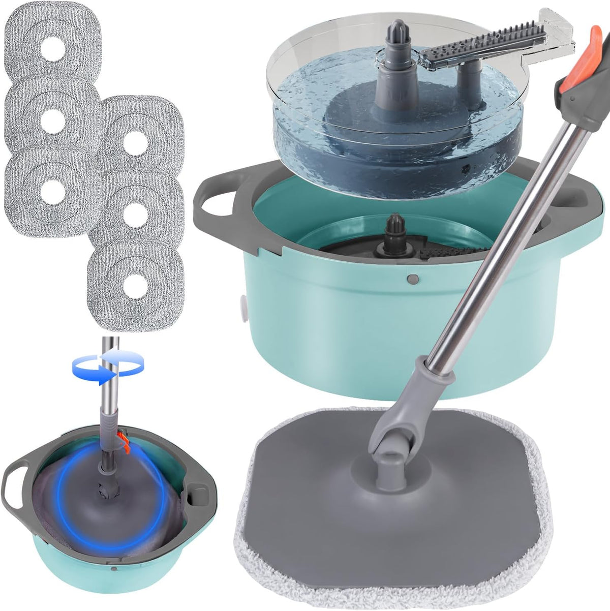 Spin Mop and Bucket Set with Separate Dirty and Clean Water,360° Spin Mop and Bucket System with Widening Foldable Handle,6 Replaceable Mop Pads,Square Mop for Floor Hardwood Tile Wall Cleaning(Blue)