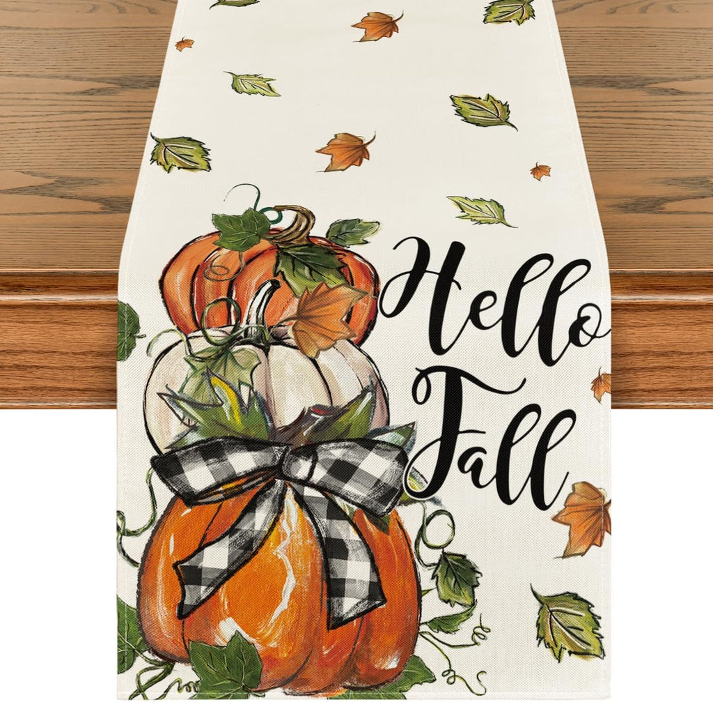 Artoid Mode Pumpkins Bowknot Maple Leaf 210 GSM Fall Table Runner, Seasonal Autumn Kitchen Dining Table Decoration for Home Party Decor 13x108 Inch