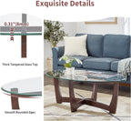 48" Oval Glass Coffee Table with Tempered Glass Top Cross and Solid Wood Base Simple & Modern Center Table for Living Room Office Apartment Cherry