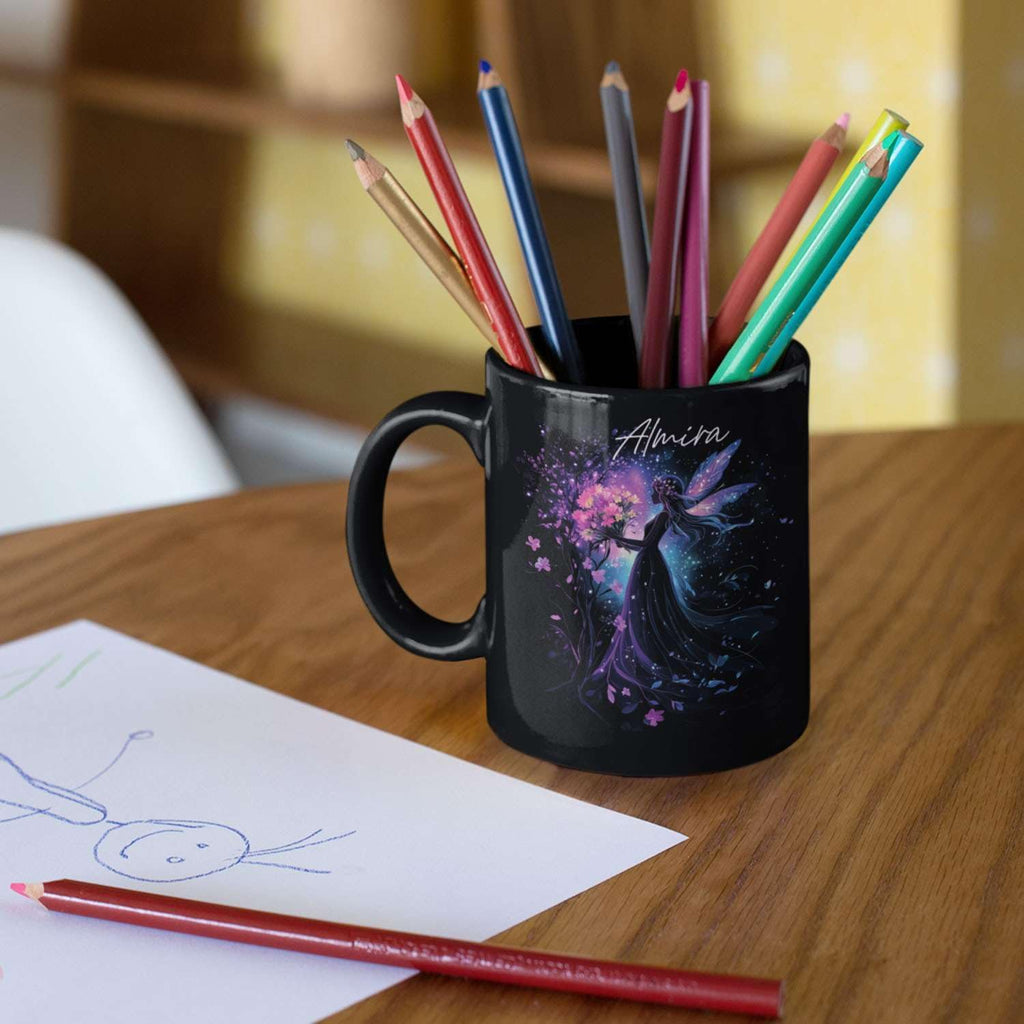 Personalized Beautiful Fairy Holding Flower Coffee Mug, Custom Name Ceramic Cup 11oz 15oz, Enchanted Fantasy Themed Mug, Custom Fairy Lovers Black Cup, Kids Mug, Elegant Fairy Mug