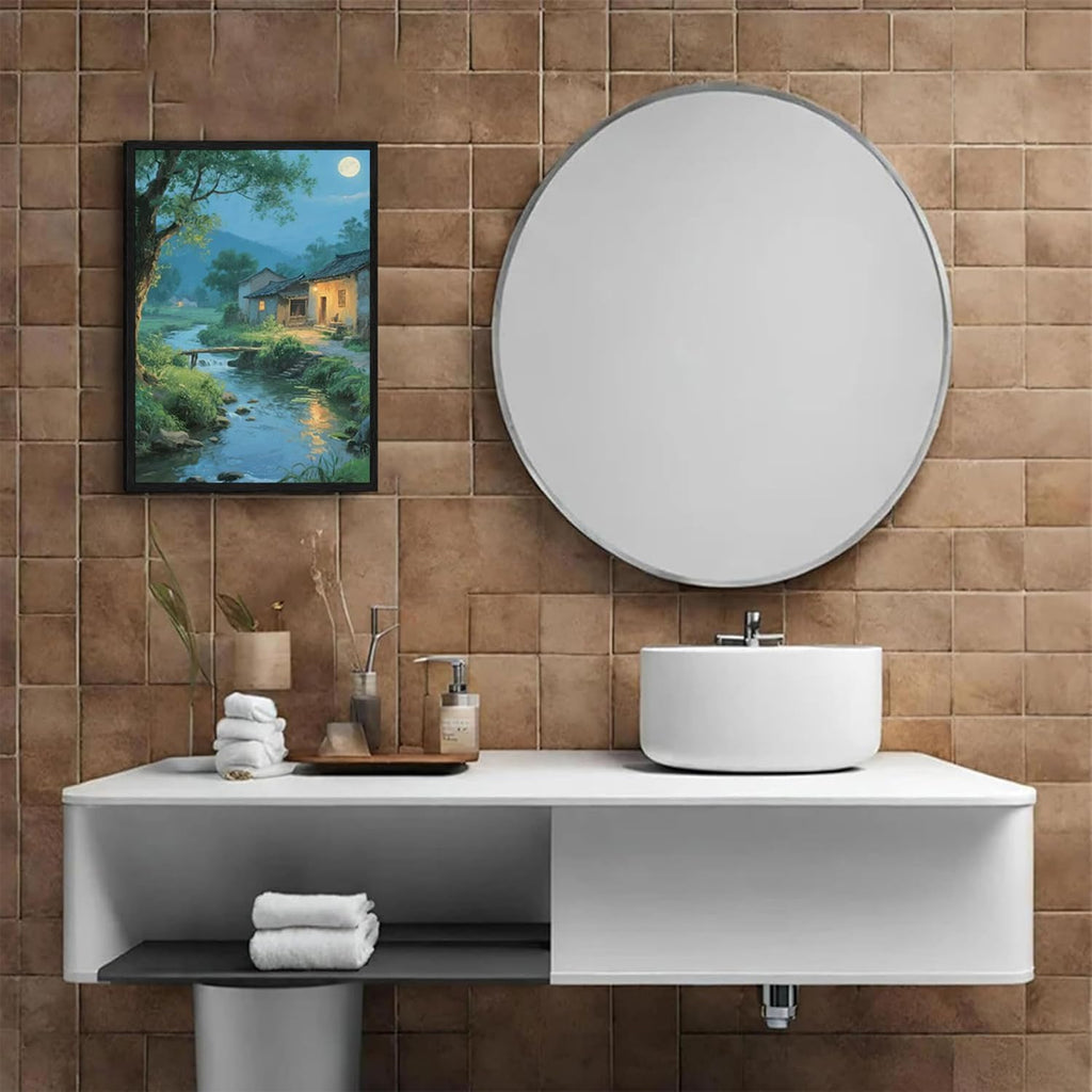 Moonlight under the big tree creek cabin scenery is suitable for posting in the living room bedroom office scenery poster wall painting