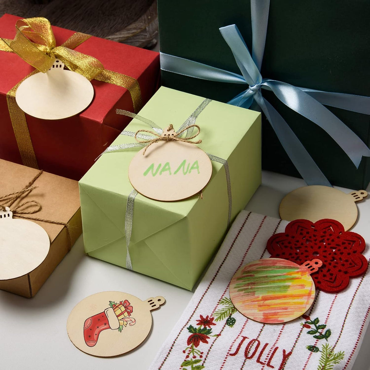 120 Pcs Wooden Christmas Ornaments Unfinished Wooden Circles with Holes Blank Round Wood Discs Slices Wooden Christmas Hanging Ornaments with Twine for DIY Crafts Present Tags Xmas Party Decor,3.1x4