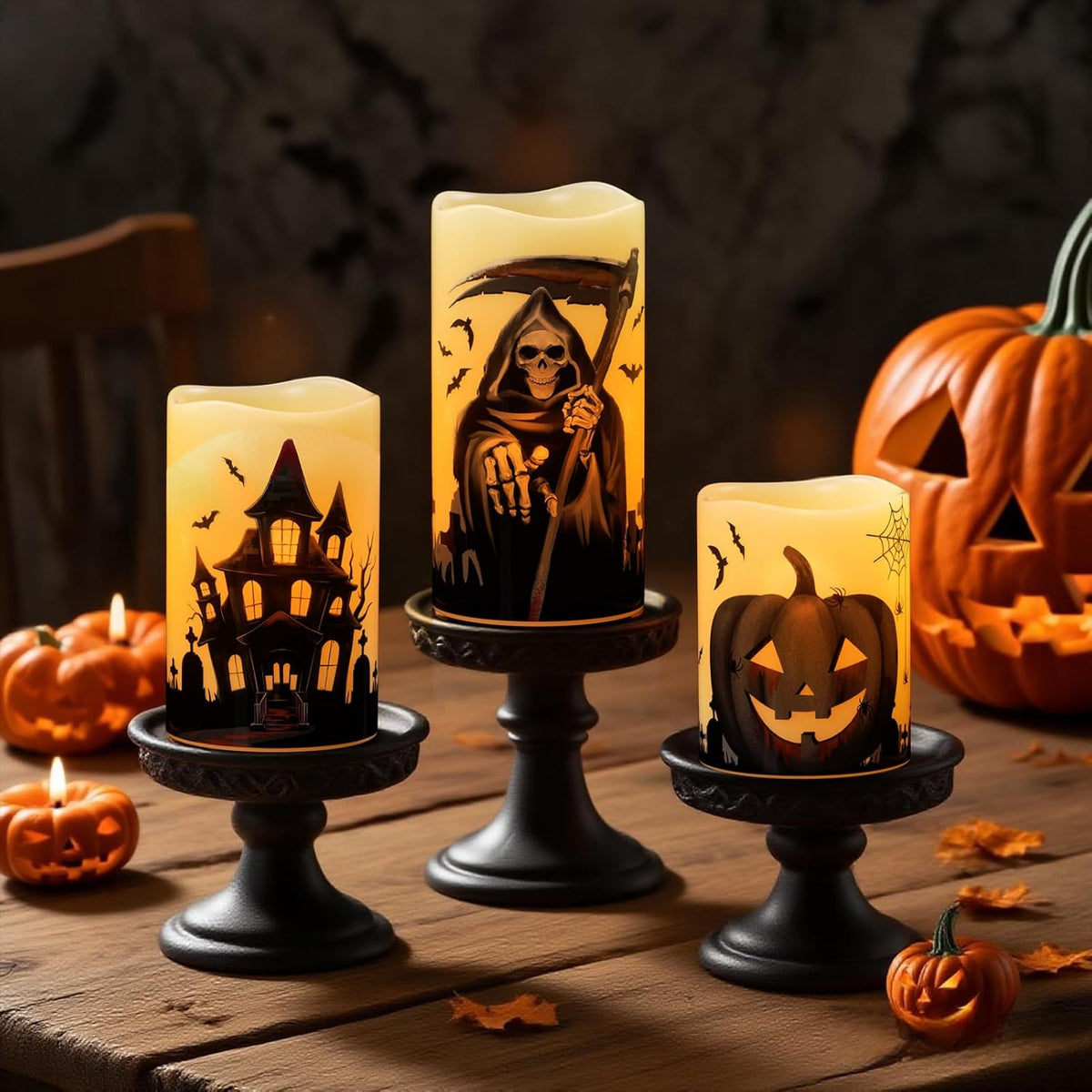 Wondise Halloween Flameless Flickering Candles with 6 Hour Timer, Battery Operated Real Wax Halloween Candles Set of 3 Halloween Decoration Grim Reaper, Haunted House, Pumpkin (3 x 4 5 6 Inch)