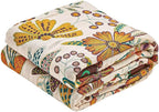 Boho Throw Blanket, 100% Cotton Ultra Soft Luxury Throw Rustic Quilt, 90"x98" Floral Printed Farmhouse Decor Bed Summer Blankets, All Season Rustic Reversible Bohemian Throw for Bed - White