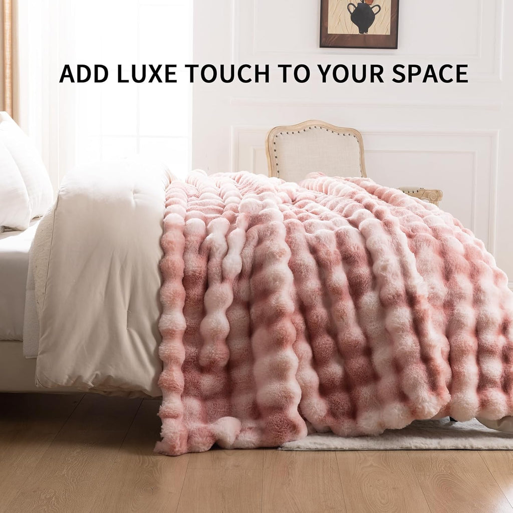 Cozy Faux Fur Throw Blanket for Couch-Warm Fuzzy Throw Blanket, Soft Plush Thick Bubble Blankets for Bedroom and Living Room, Furry Luxury Blanket, 90 x 108, Tie-Dye Pink