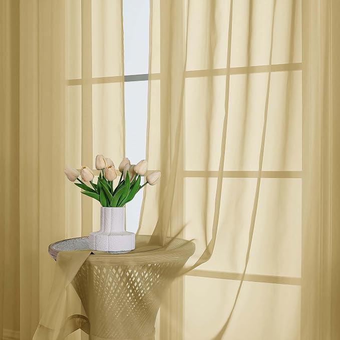 Gold Sheer Curtains 63 Inch Length 2 Panels, Rod Pockets Window Treatments - Image 6