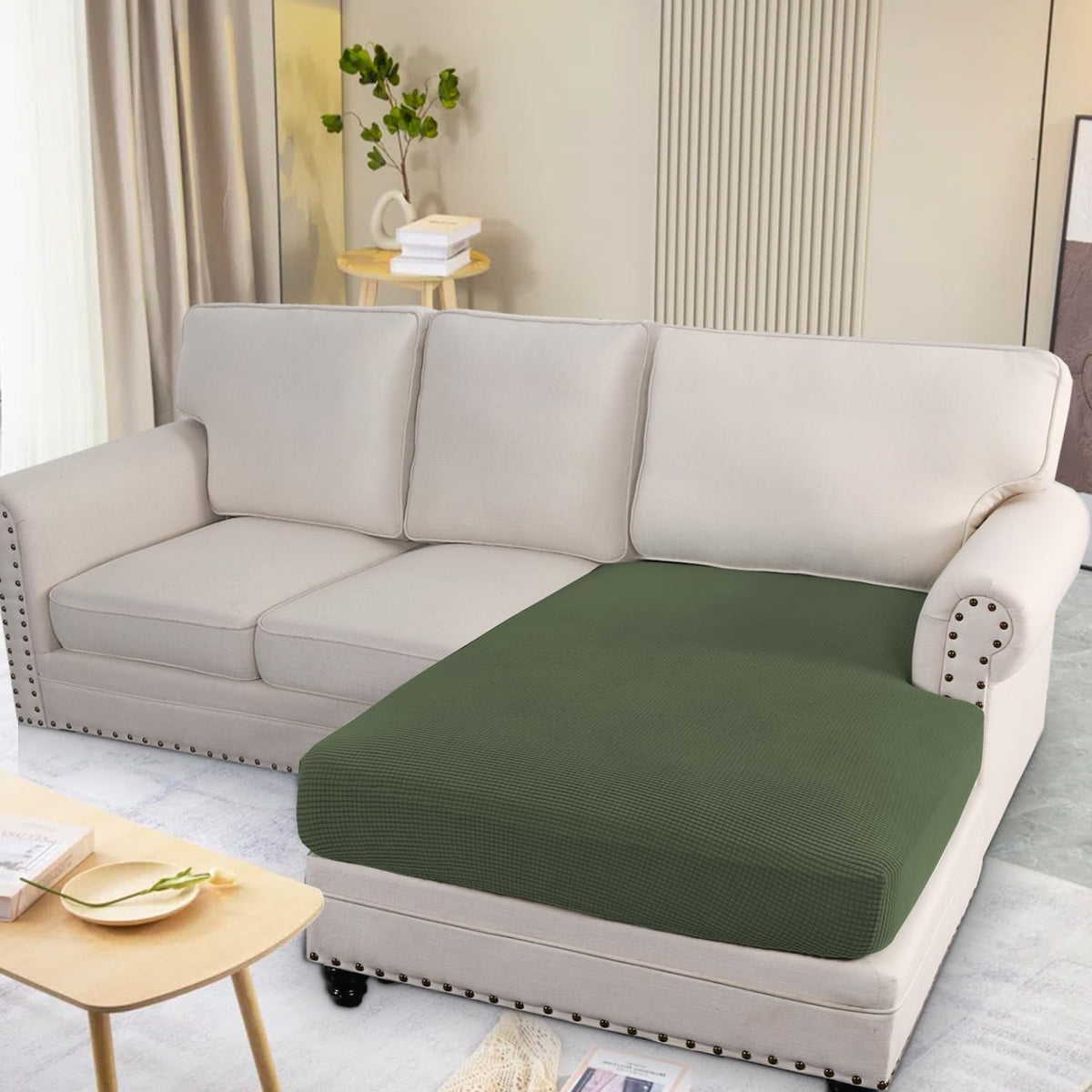 H.VERSAILTEX Super Stretch Individual Chaise Cover Sectional Couch Covers for L Shaped Sofa Both Left/Right Featuring Thick Jacquard Textured Twill Fabric (1 Piece Chaise Cover, Bronze Green)